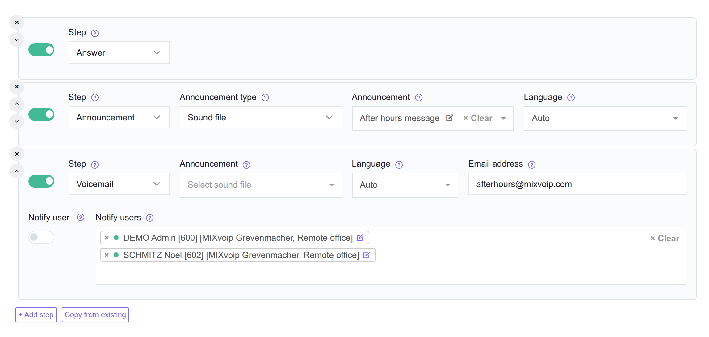 The call flow step editor, with each step's type, options, and on or off toggle
