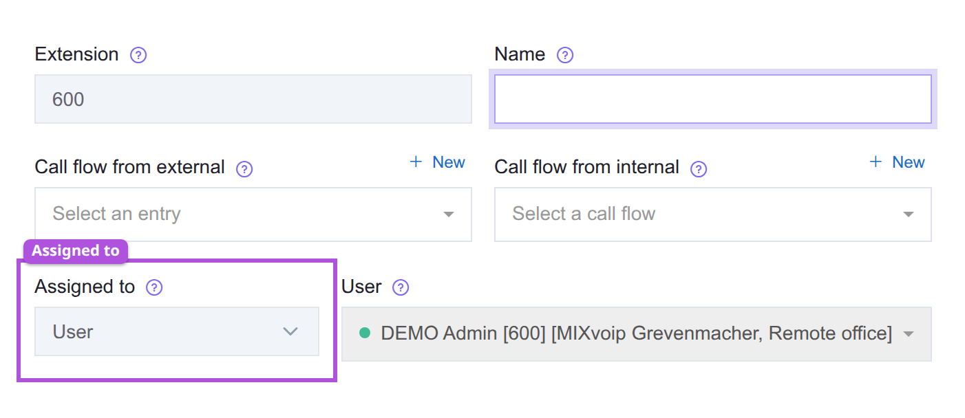 The extension form with the Assigned to picker highlighted