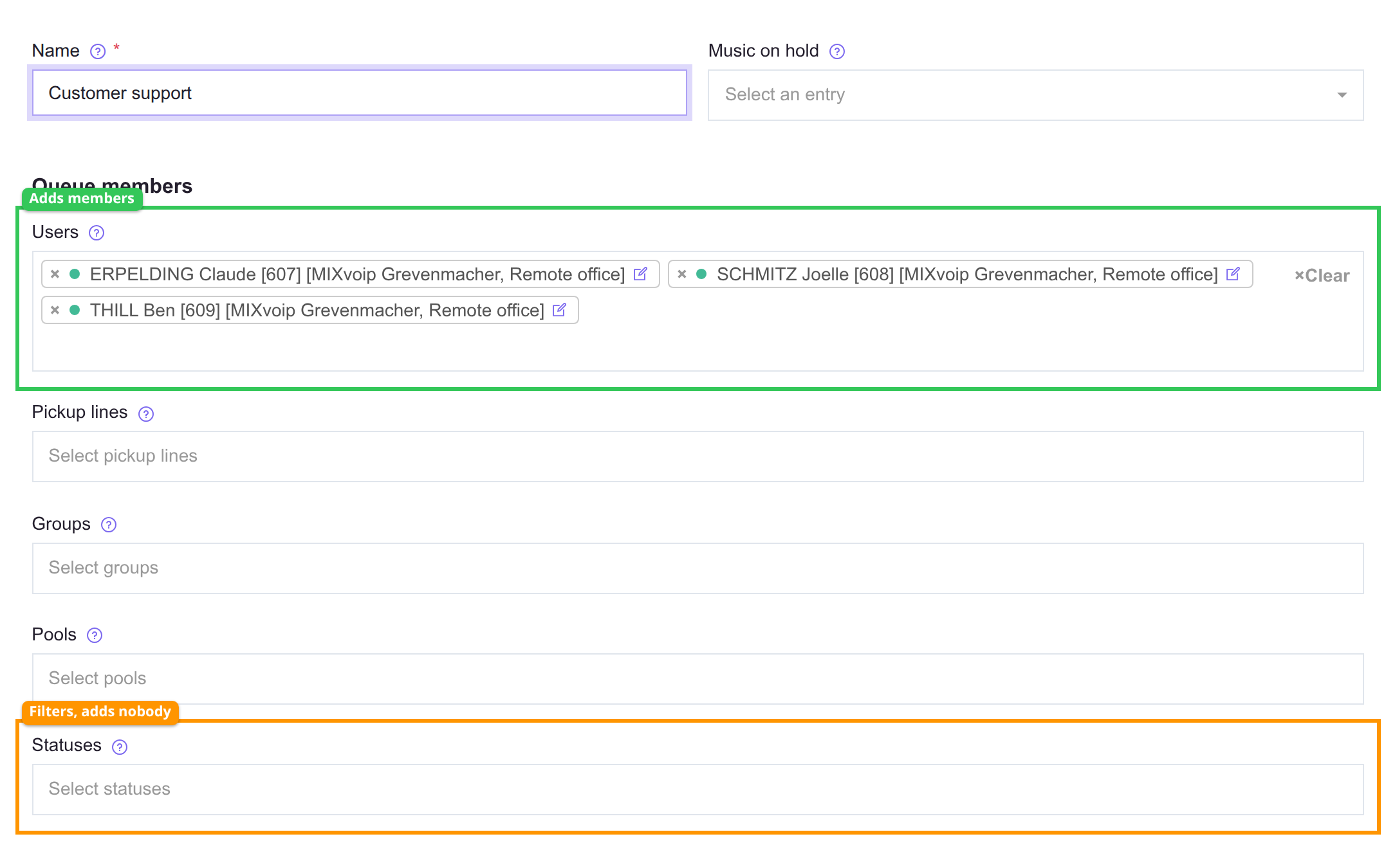 The queue members section, with the Users picker and the Statuses picker highlighted