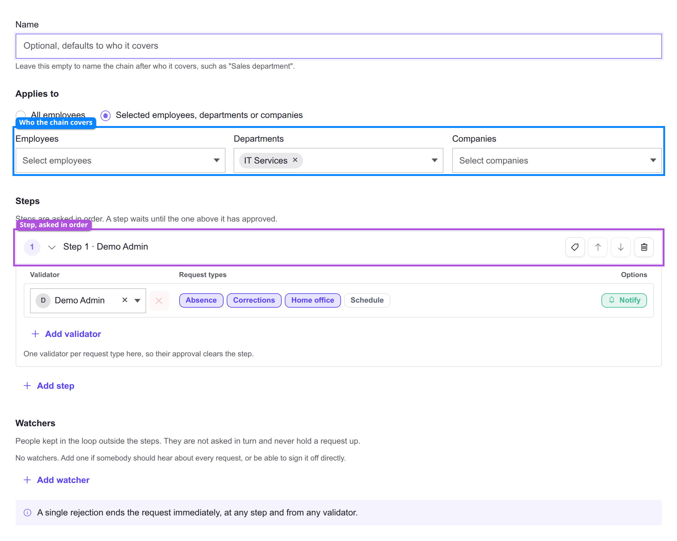 The chain editor, showing who the chain applies to, one step with its validator, and the watcher section
